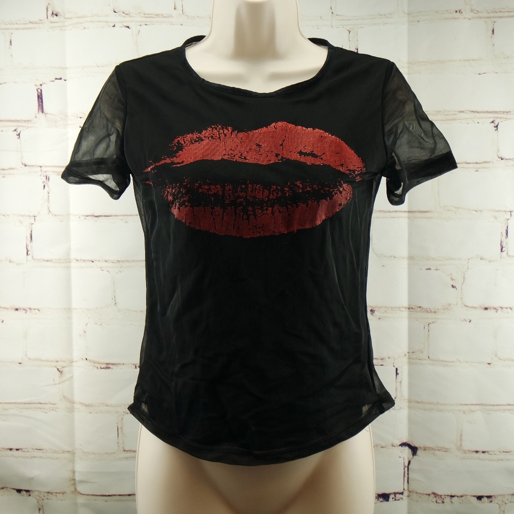 Pomea Black w/ Lips Sheer Back Top L